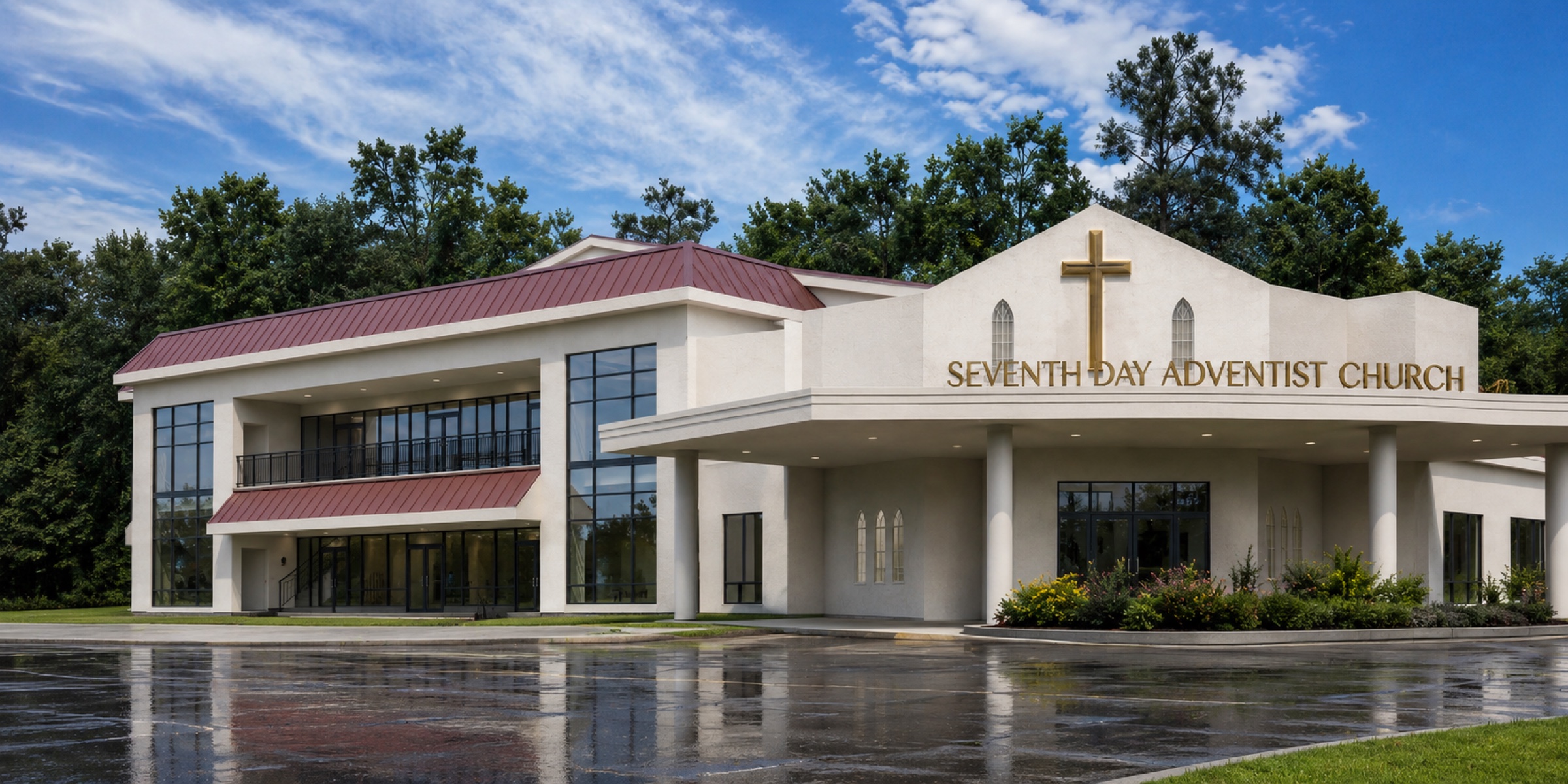 Architectural rendering of the new Stone Mountain Seventh-Day Adventist Church campus at dusk